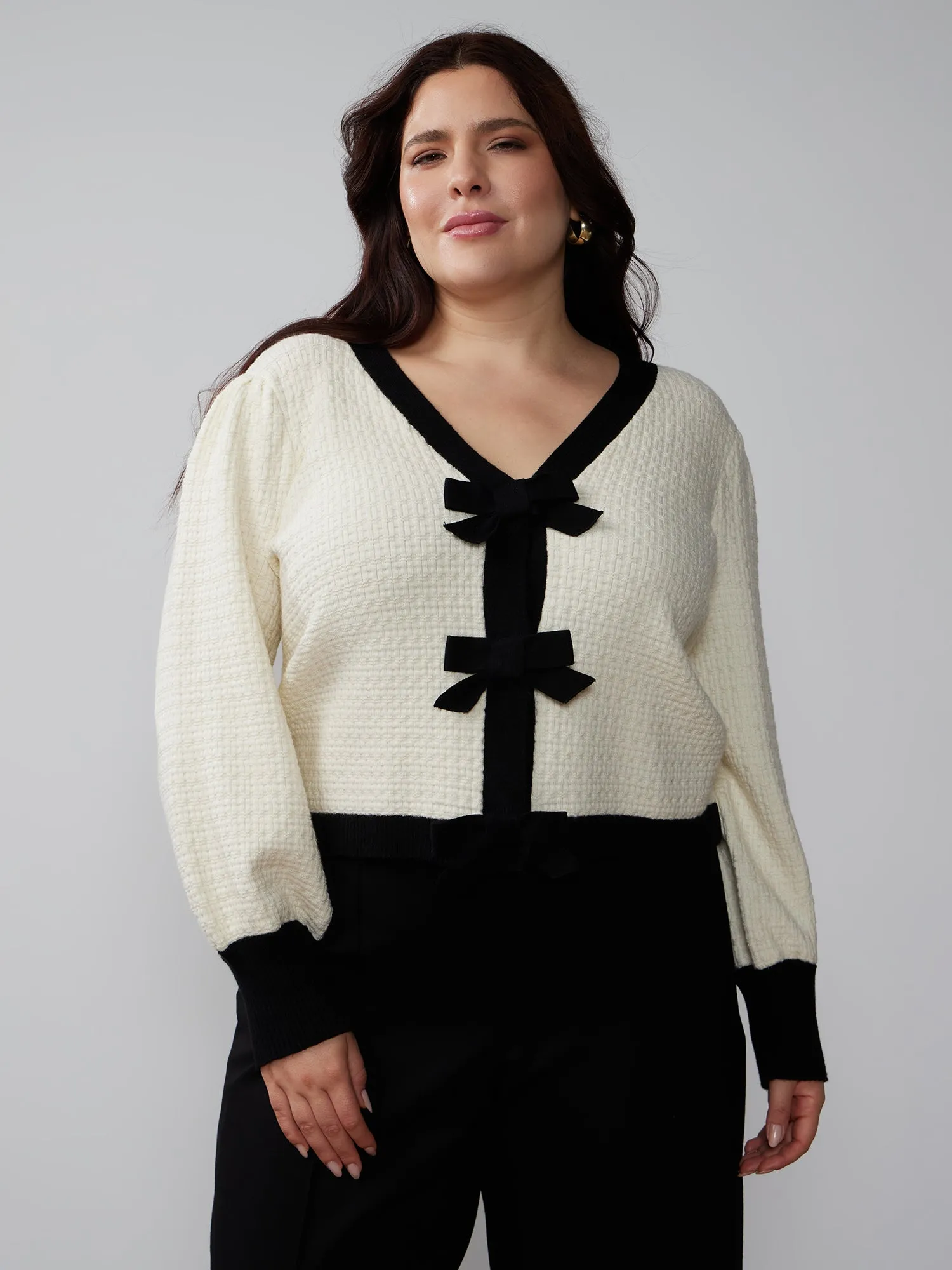 Plus V-Neck Contrast Ribbon Cardigan