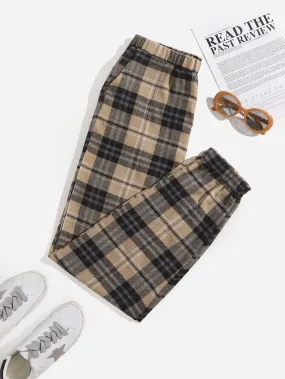 Preppy Tartan Pocket Natural Long Women Pants