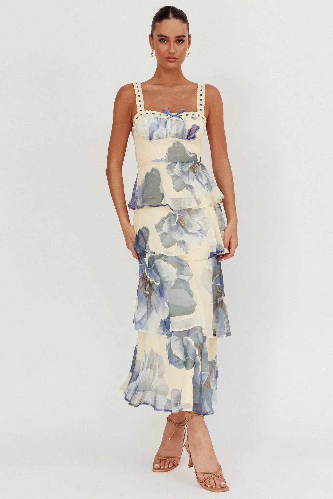 Provence Bloom Tiered Ruffle Maxi Dress Beige/Blue