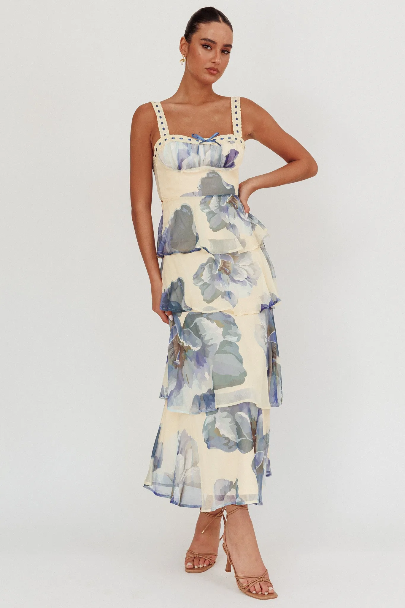 Provence Bloom Tiered Ruffle Maxi Dress Beige/Blue