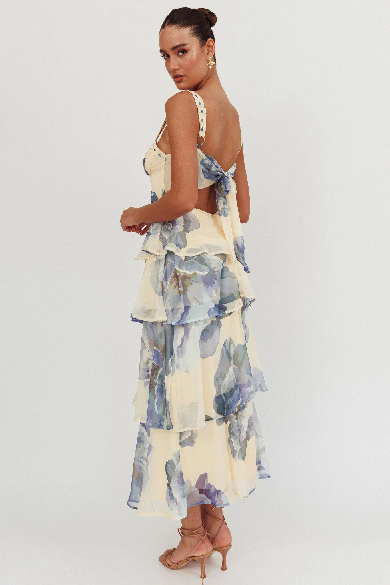 Provence Bloom Tiered Ruffle Maxi Dress Beige/Blue