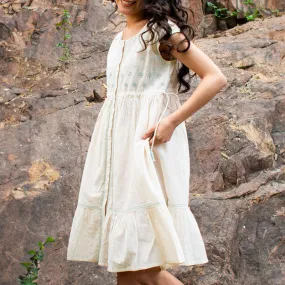 Pure Cotton Sleeveless Dress | Off-White | Hand Embroidered