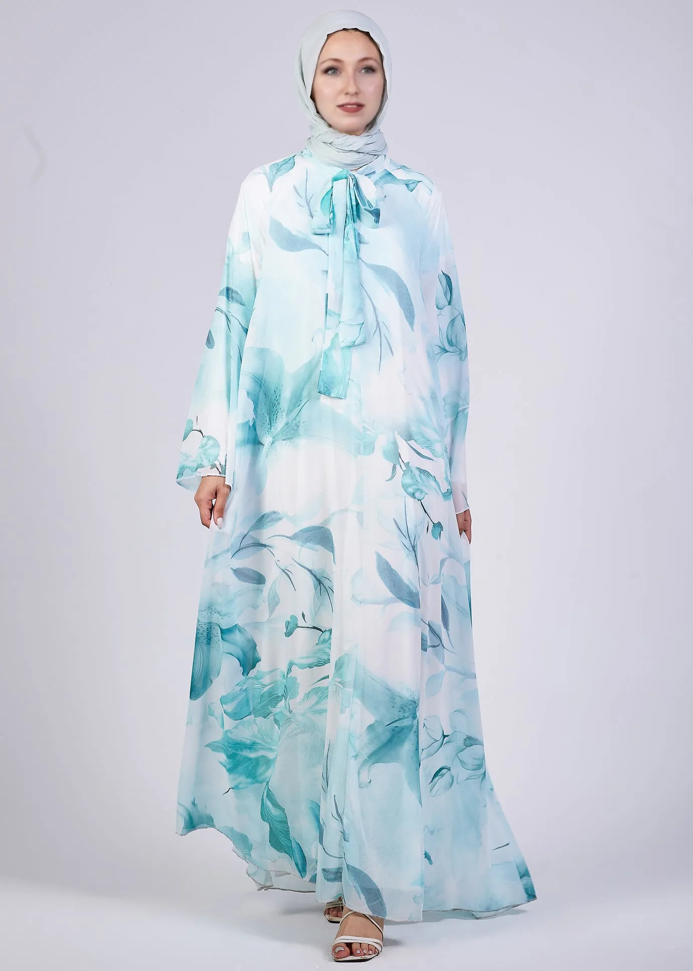 Rawan Elegance Floral Print Maxi Dress with High Neck and Flowing Sleeves