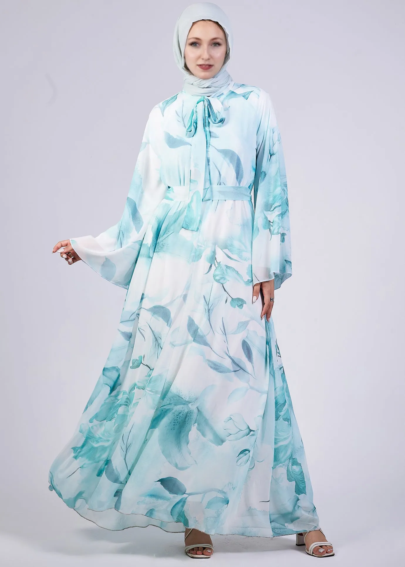 Rawan Elegance Floral Print Maxi Dress with High Neck and Flowing Sleeves