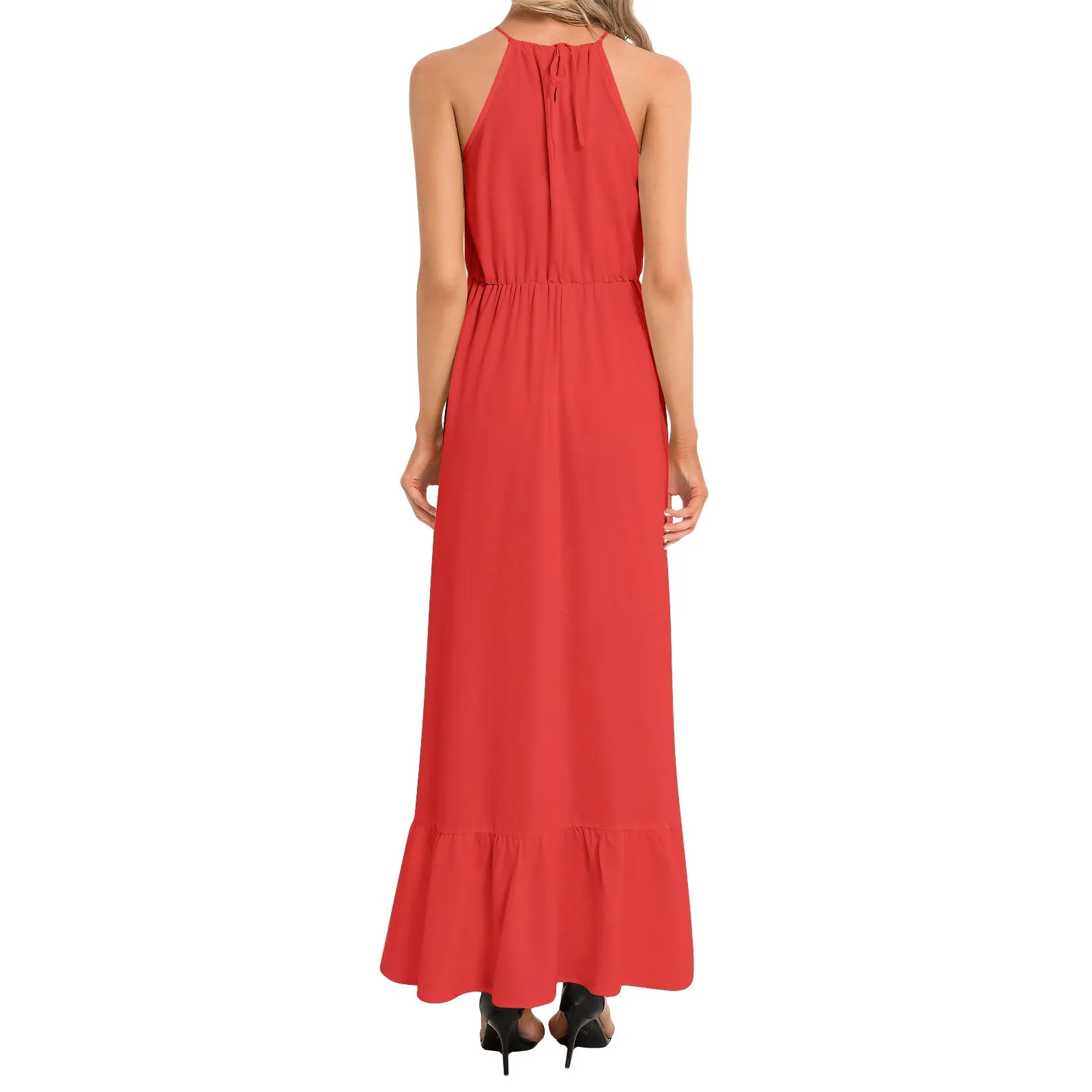 Red Ruffle Hem Halter Neck Maxi Dress