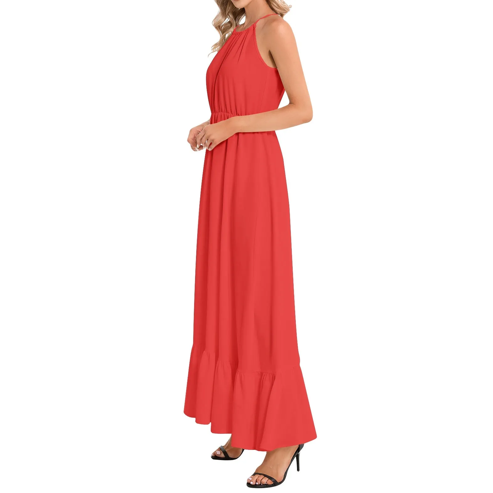 Red Ruffle Hem Halter Neck Maxi Dress