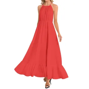 Red Ruffle Hem Halter Neck Maxi Dress