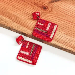 Resort Life Beaded Square Drop Earrings with Chevron Design in Red