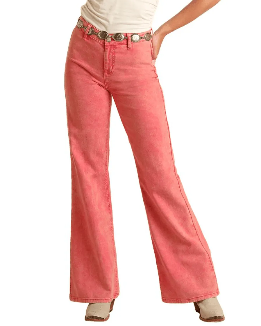 Rock & Roll Cowgirl Pink High Rise Distressed Wash Flare Jeans BW8PD03586