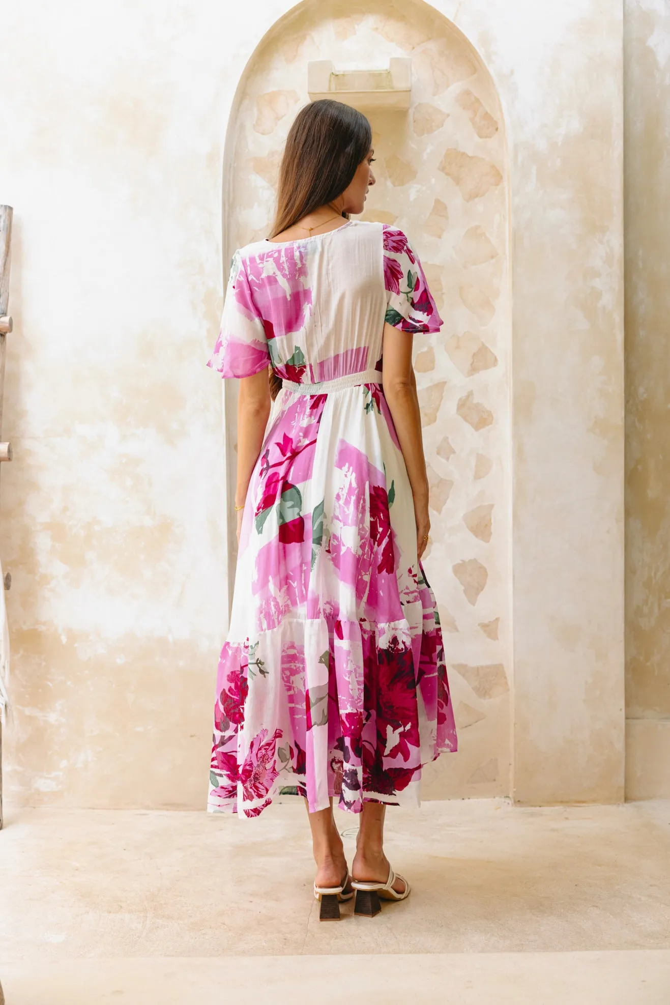 Roselyn Pink Floral V-Neck Midi Dress