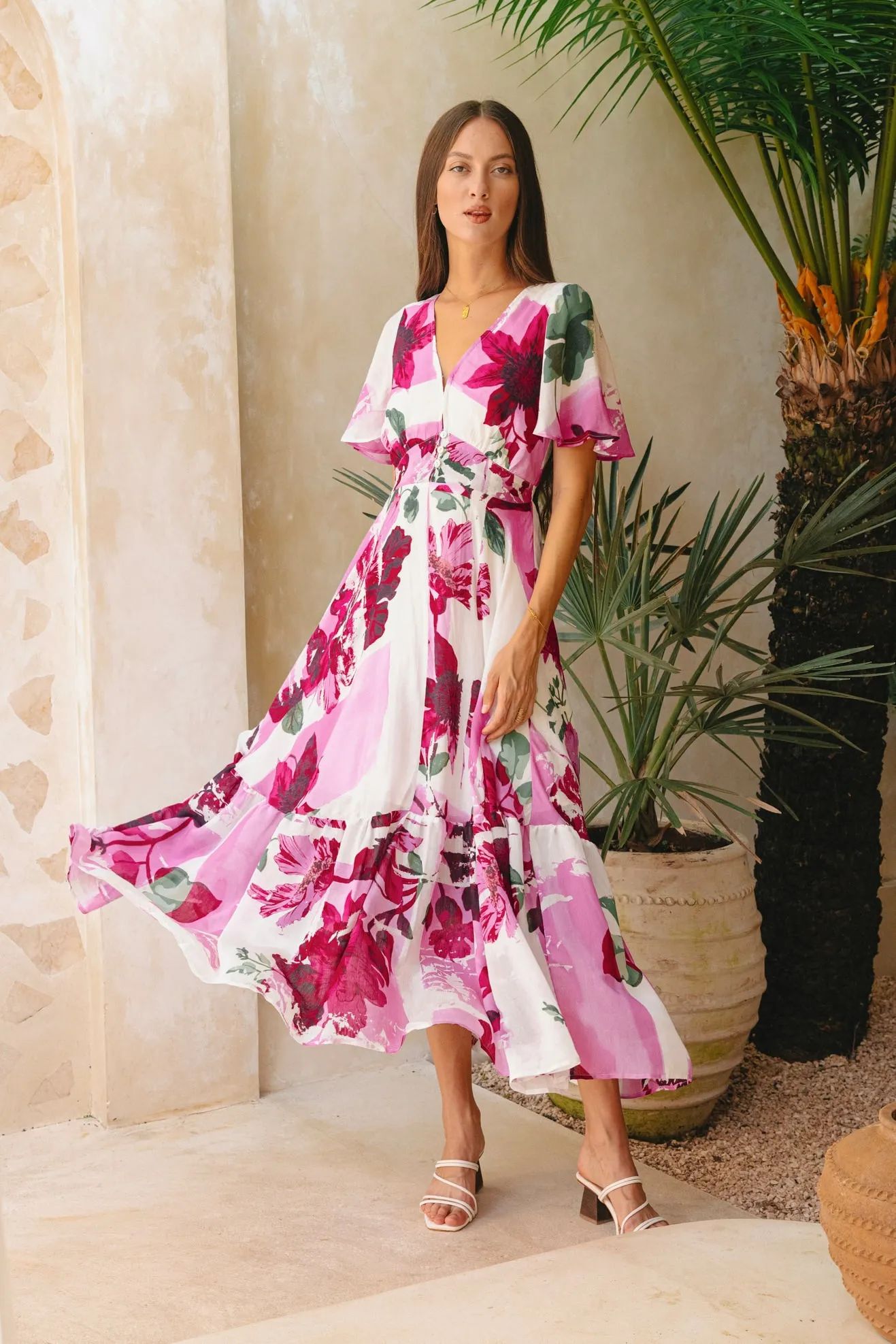 Roselyn Pink Floral V-Neck Midi Dress