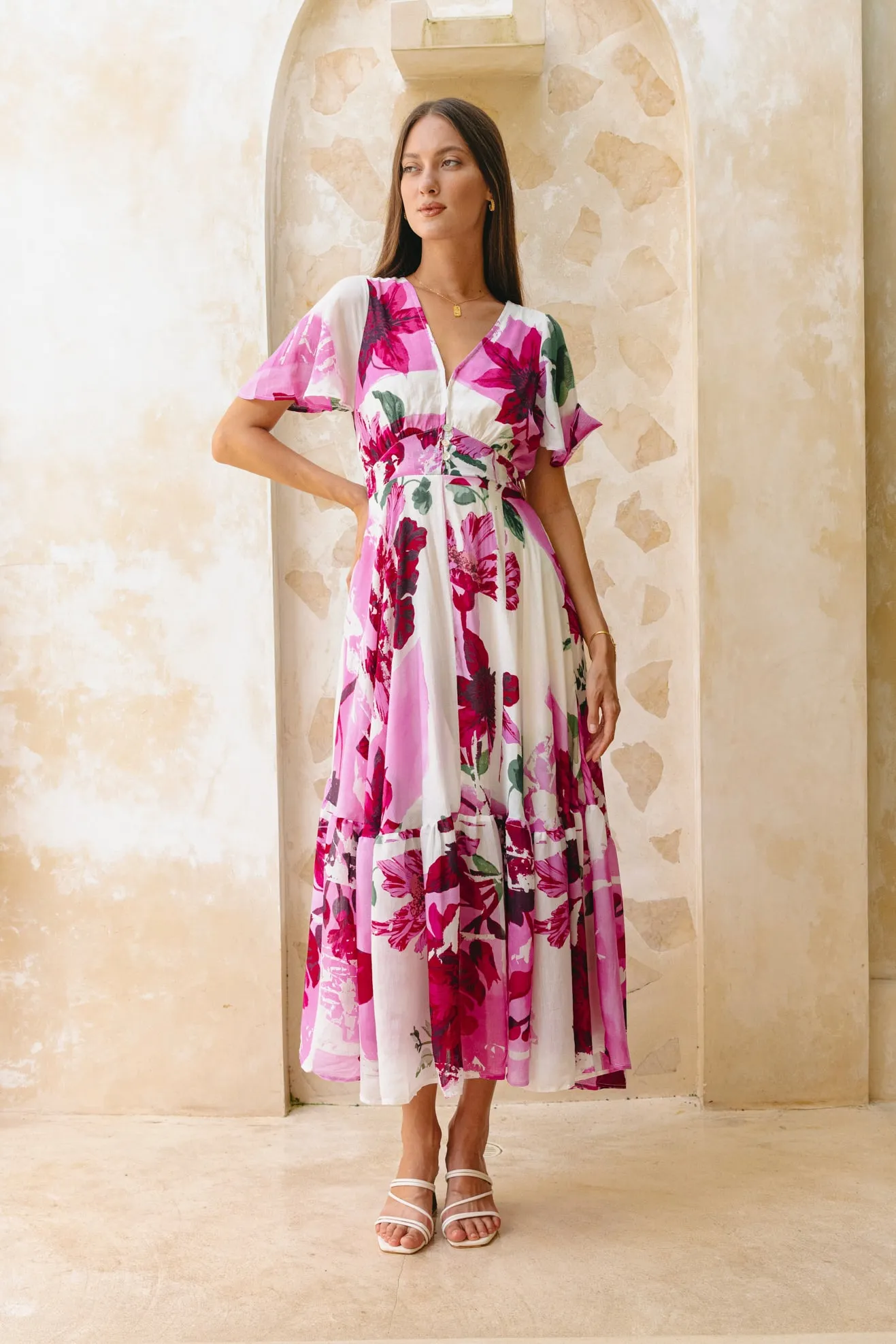 Roselyn Pink Floral V-Neck Midi Dress