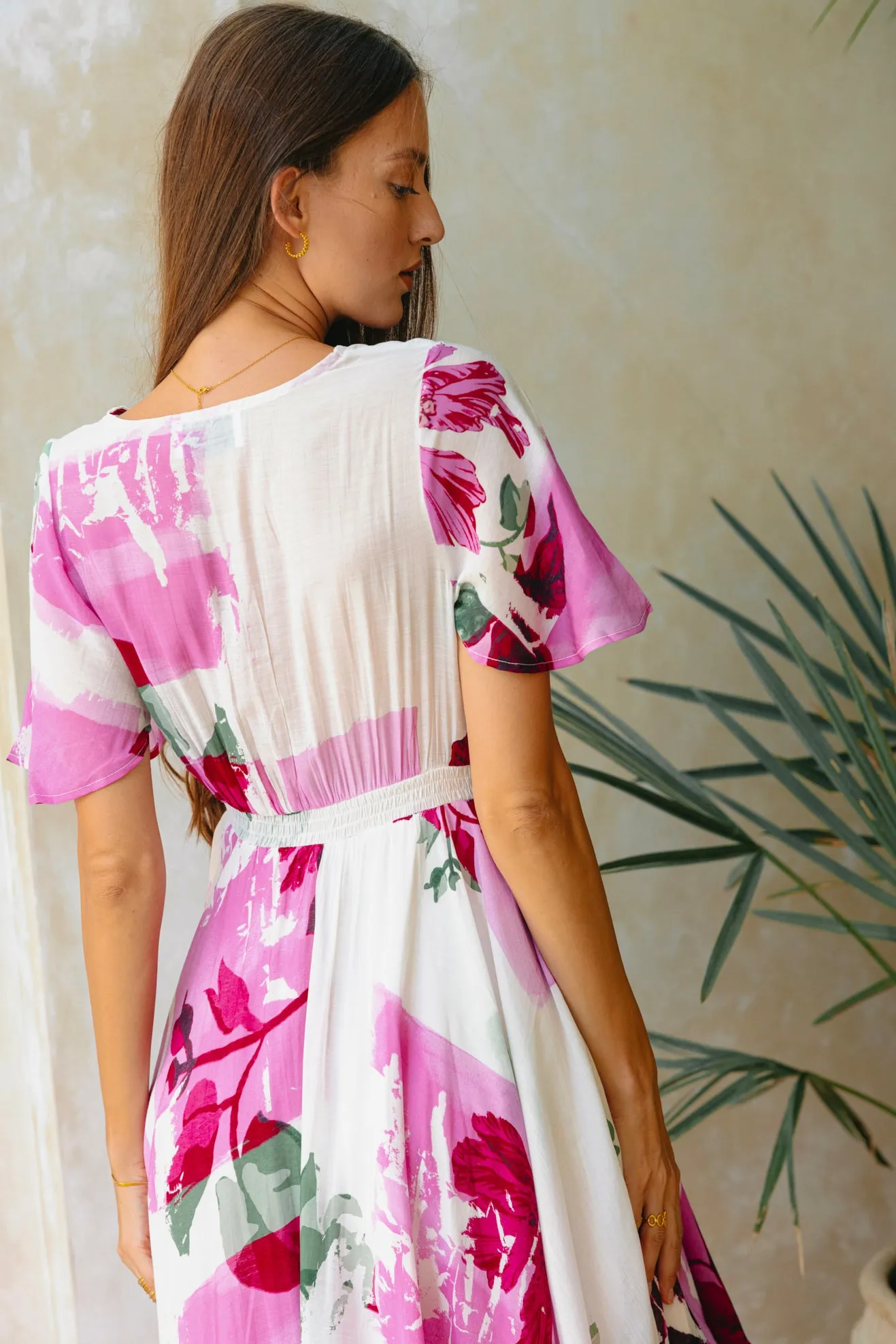 Roselyn Pink Floral V-Neck Midi Dress