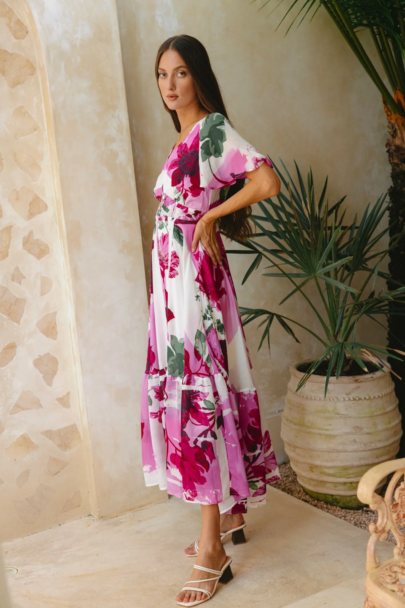 Roselyn Pink Floral V-Neck Midi Dress