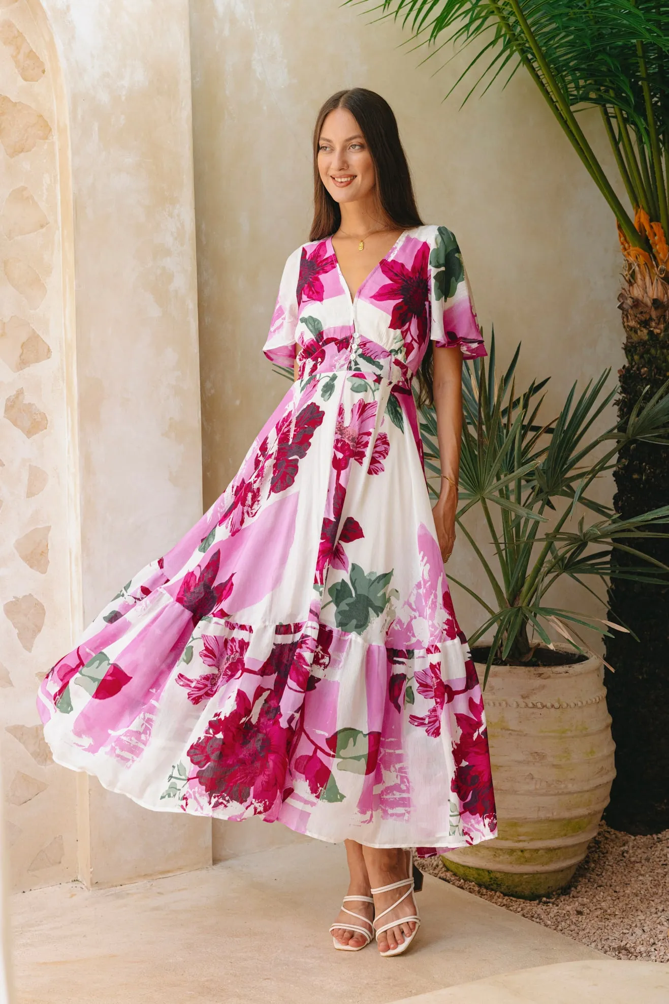 Roselyn Pink Floral V-Neck Midi Dress