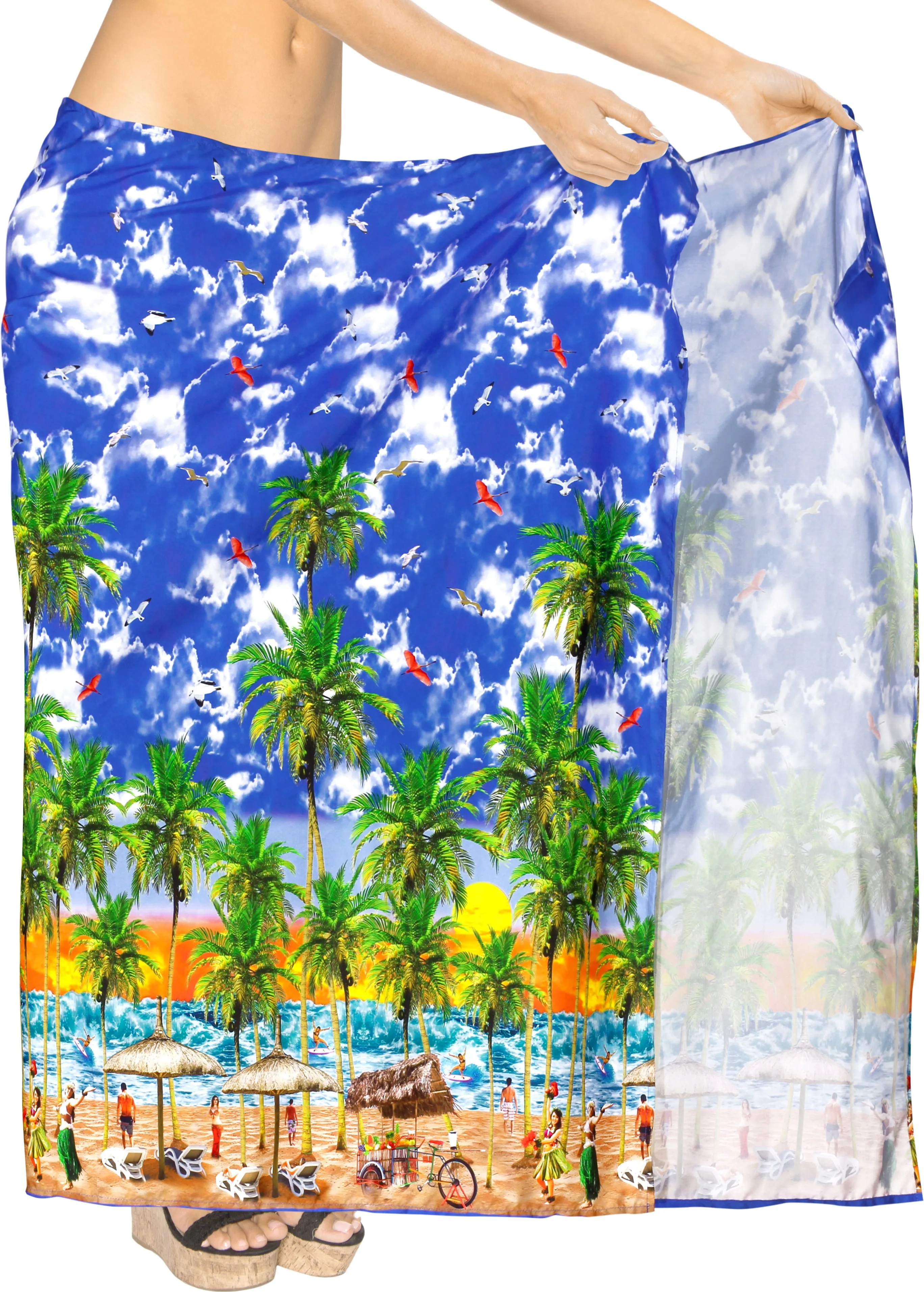 Royal Blue Non-Sheer Beach Wrap For Women with Beach View Print