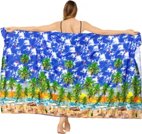 Royal Blue Non-Sheer Beach Wrap For Women with Beach View Print