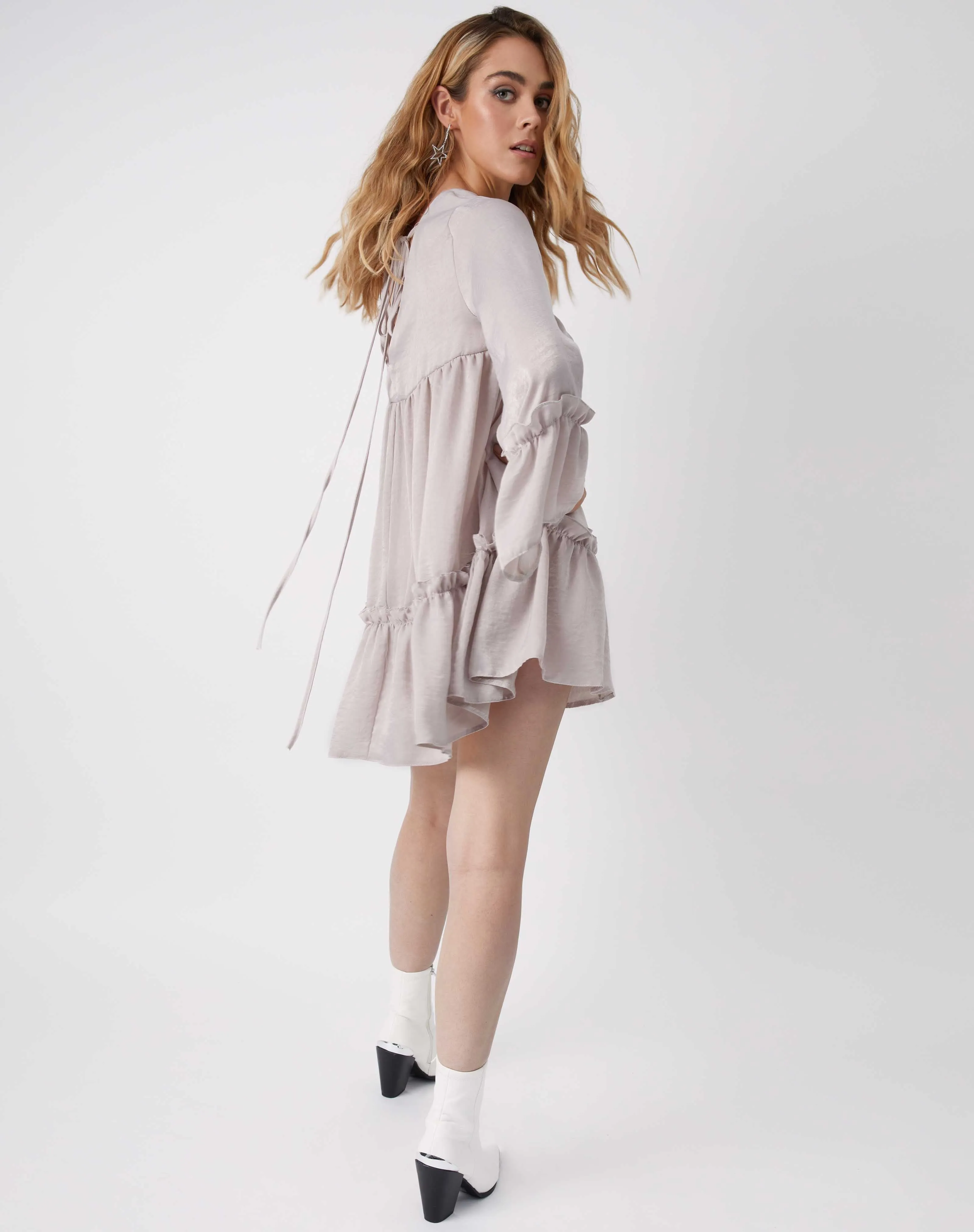 Satin Long Sleeve Mini Babydoll Dress in Silver | Regina