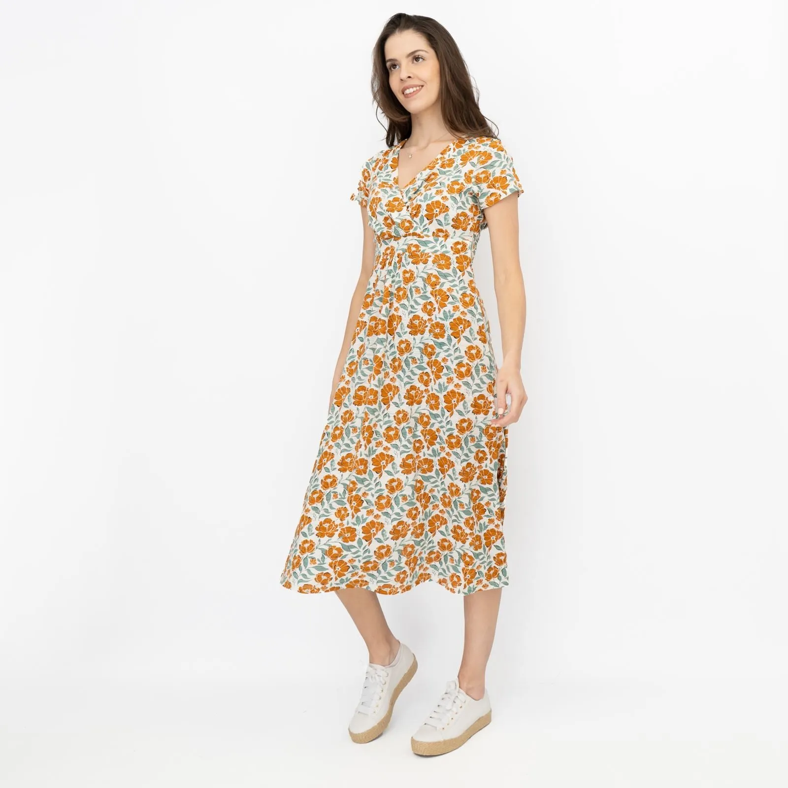 Seasalt Chapelle Midi Dress Orange Shadow Floral Chalk