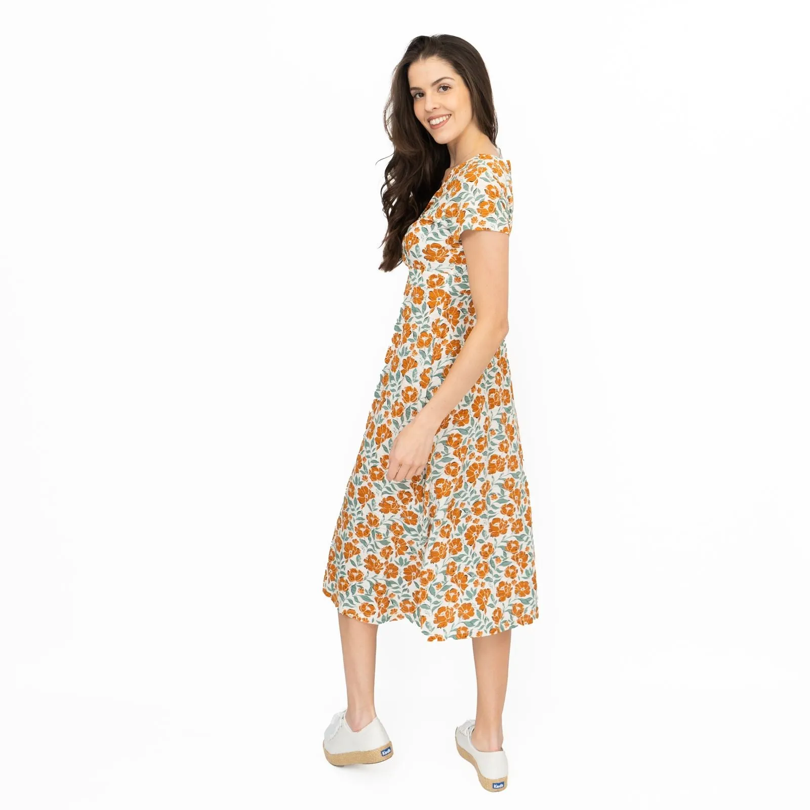 Seasalt Chapelle Midi Dress Orange Shadow Floral Chalk