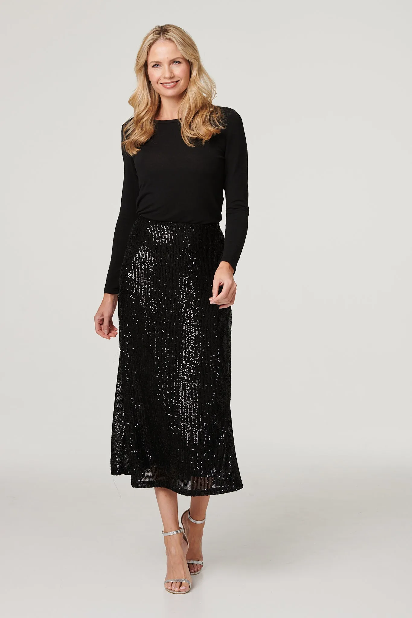 Sequin High Waist Semi Sheer Midi Skirt