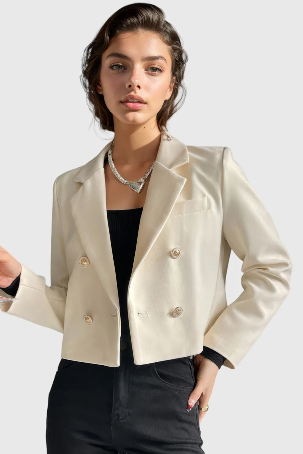 Short Blazer with Gold Buttons - Beige