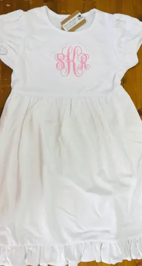 Short Sleeve Monogram Name Baby Toddler Girls Smocked Ruffle Cotton Empire  School Dress