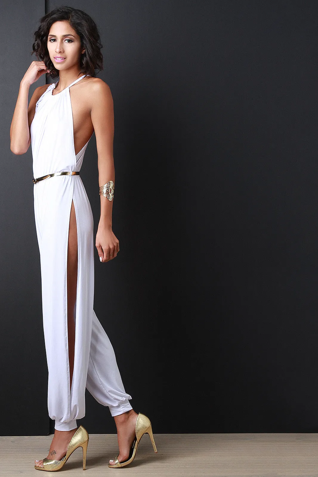 Side Slit Harem Belted Jumpsuit