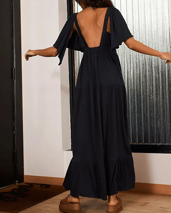 Solid Color V-Neck Backless Maxi Dress SKD153