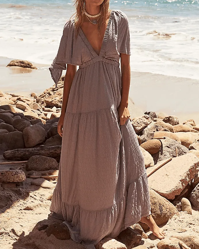 Solid Color V-Neck Backless Maxi Dress SKD153