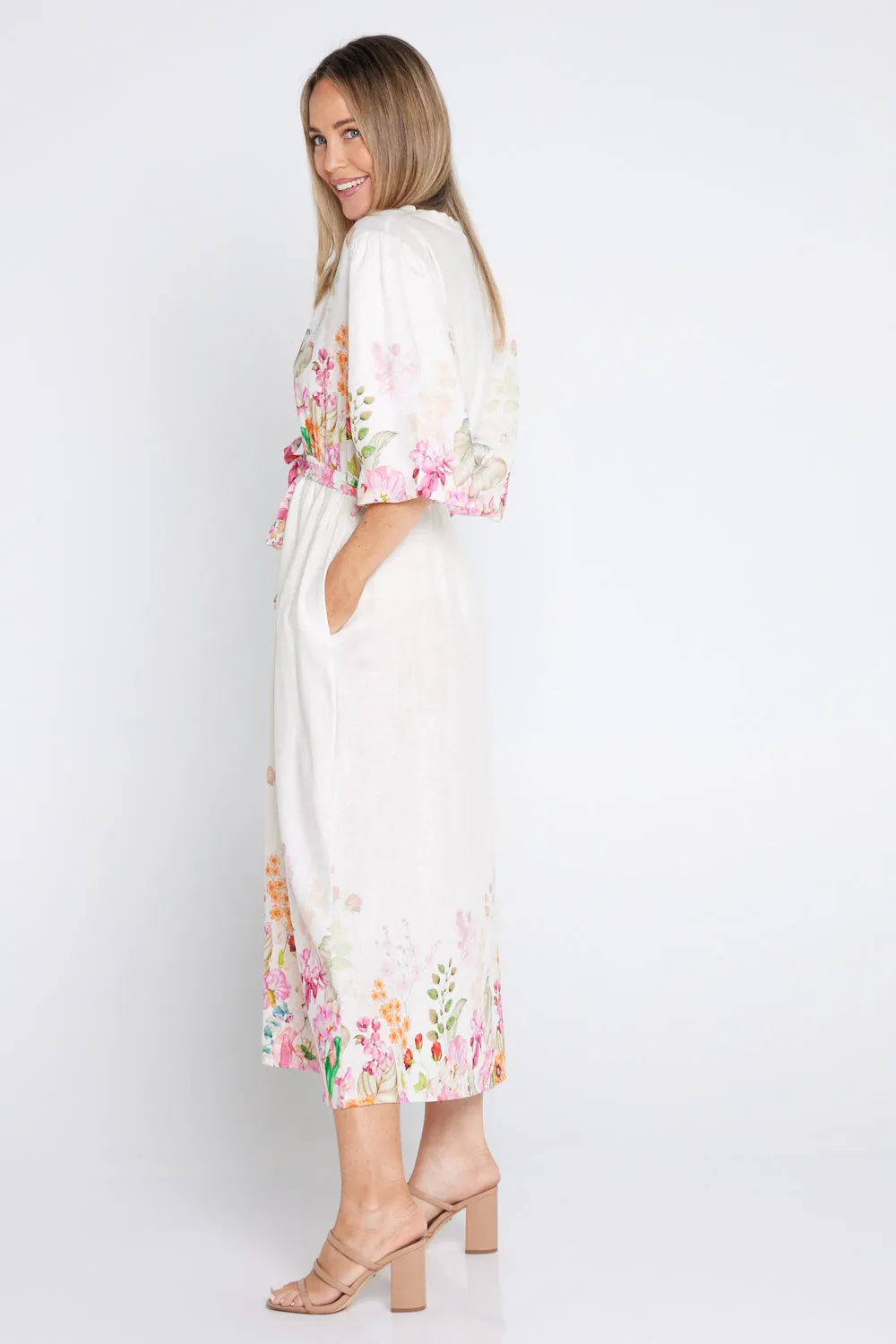 Springtime Garden Linen Dress - Cream/Floral