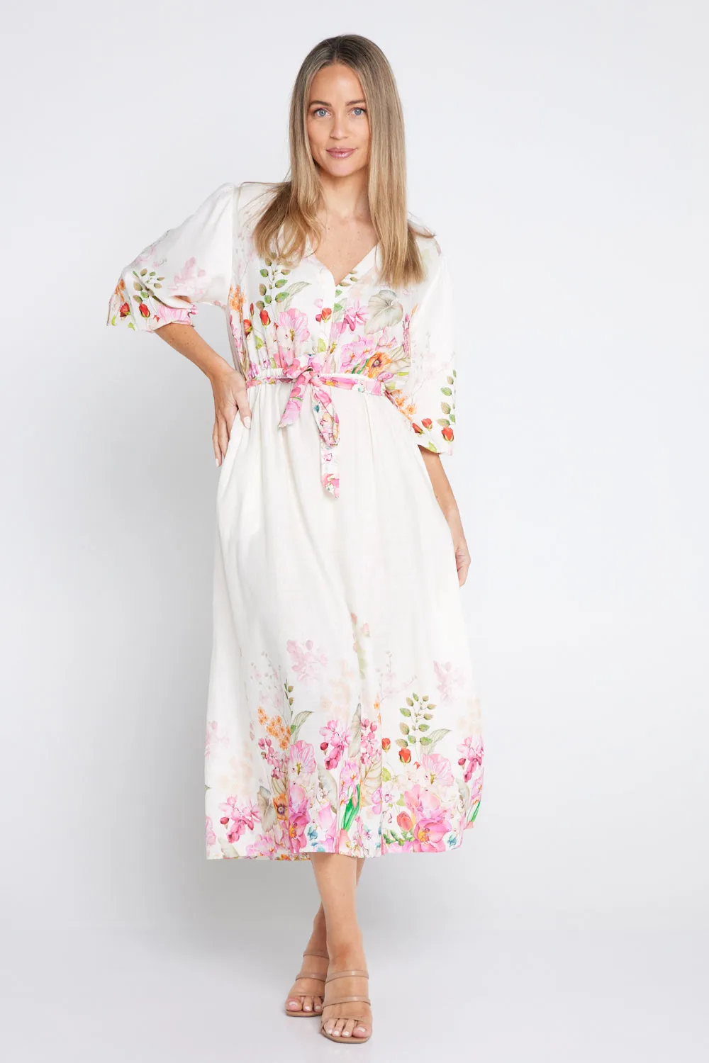 Springtime Garden Linen Dress - Cream/Floral