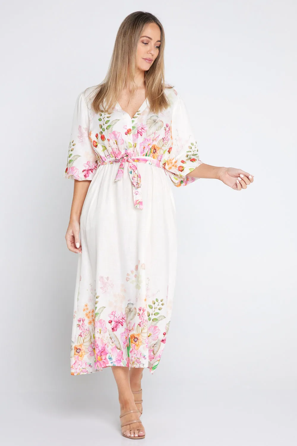 Springtime Garden Linen Dress - Cream/Floral