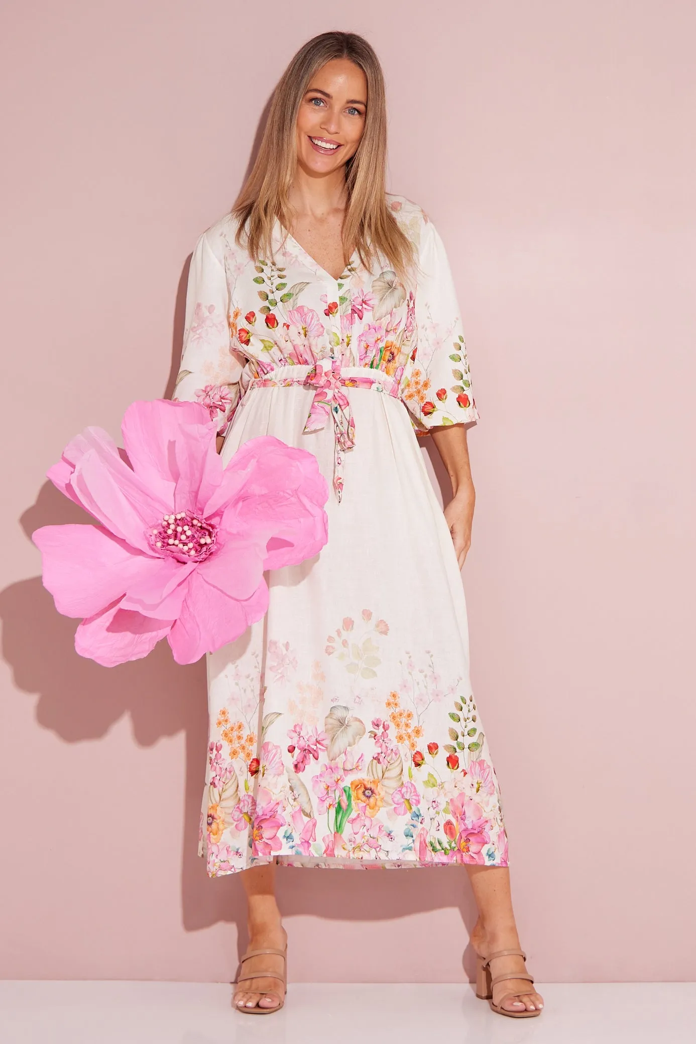 Springtime Garden Linen Dress - Cream/Floral