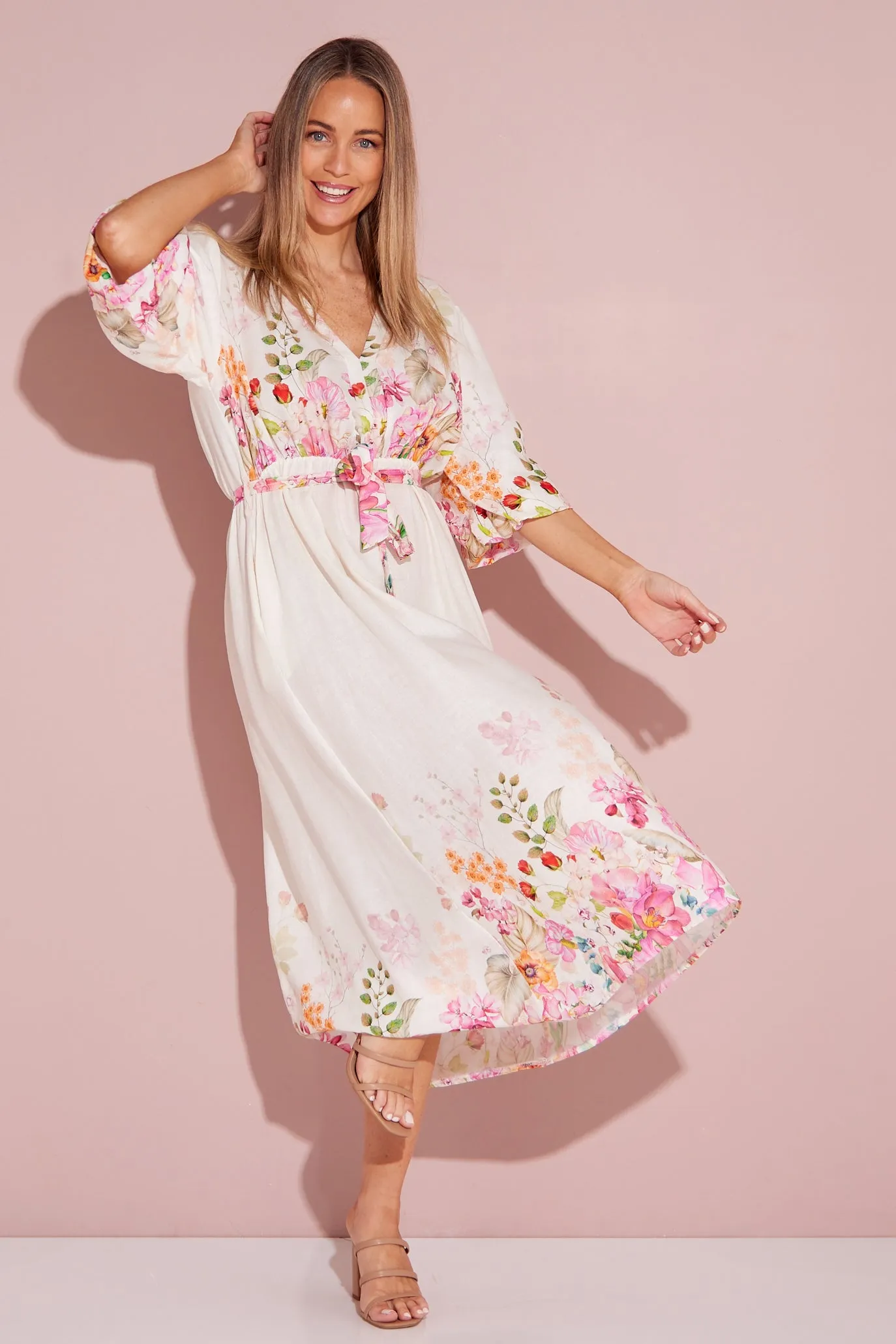 Springtime Garden Linen Dress - Cream/Floral