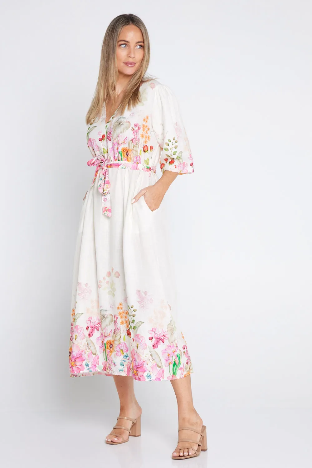 Springtime Garden Linen Dress - Cream/Floral