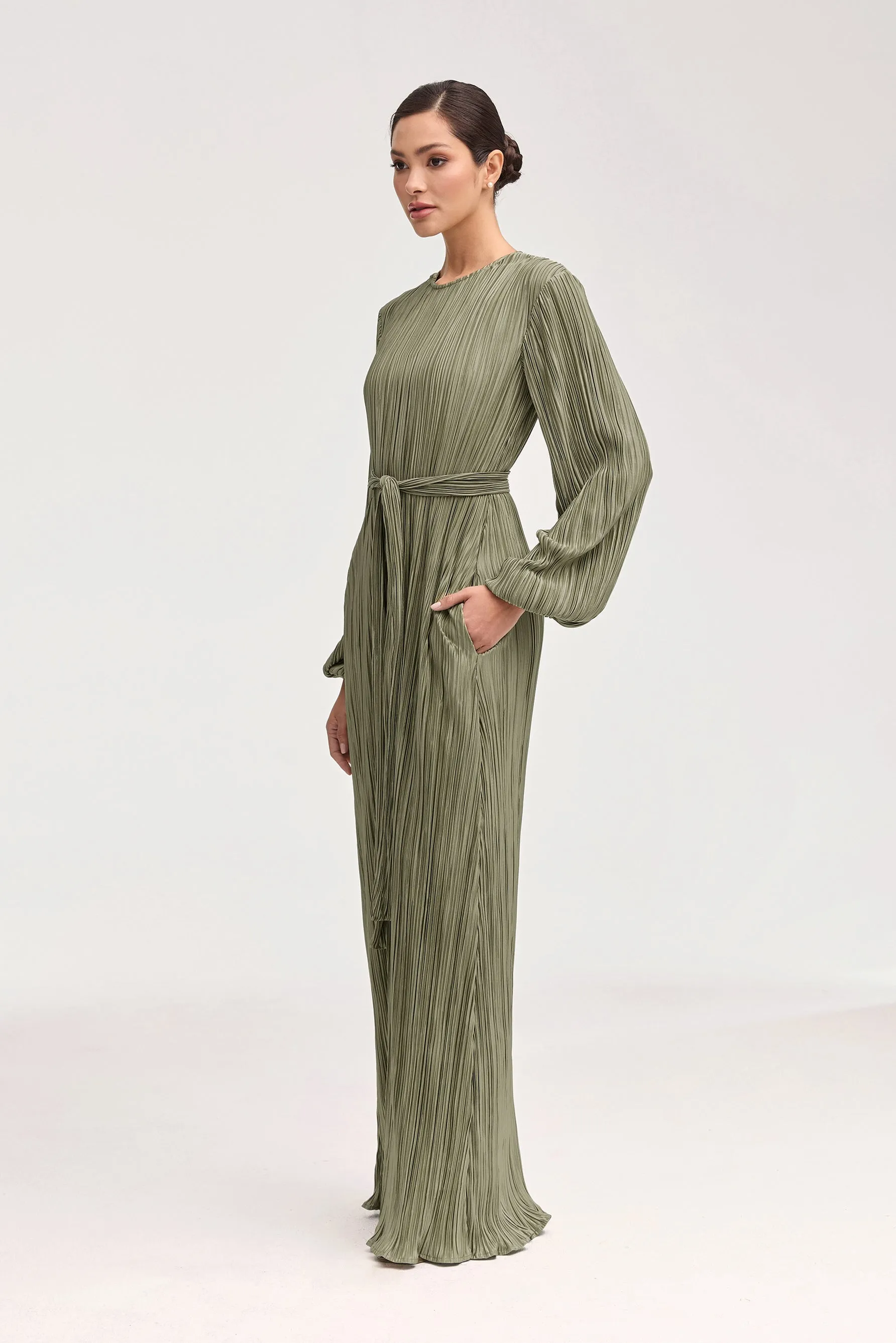 Stacey Satin Plisse Maxi Dress - Sage