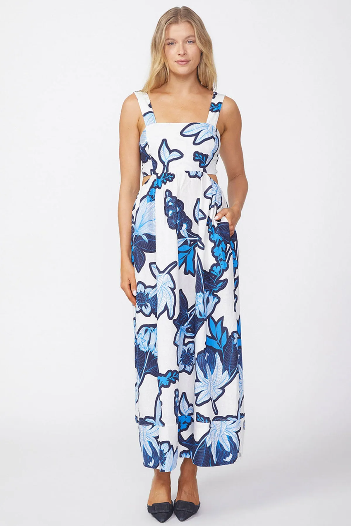 Stateside Tropical Floral Linen Maxi Dress in Sport Blue