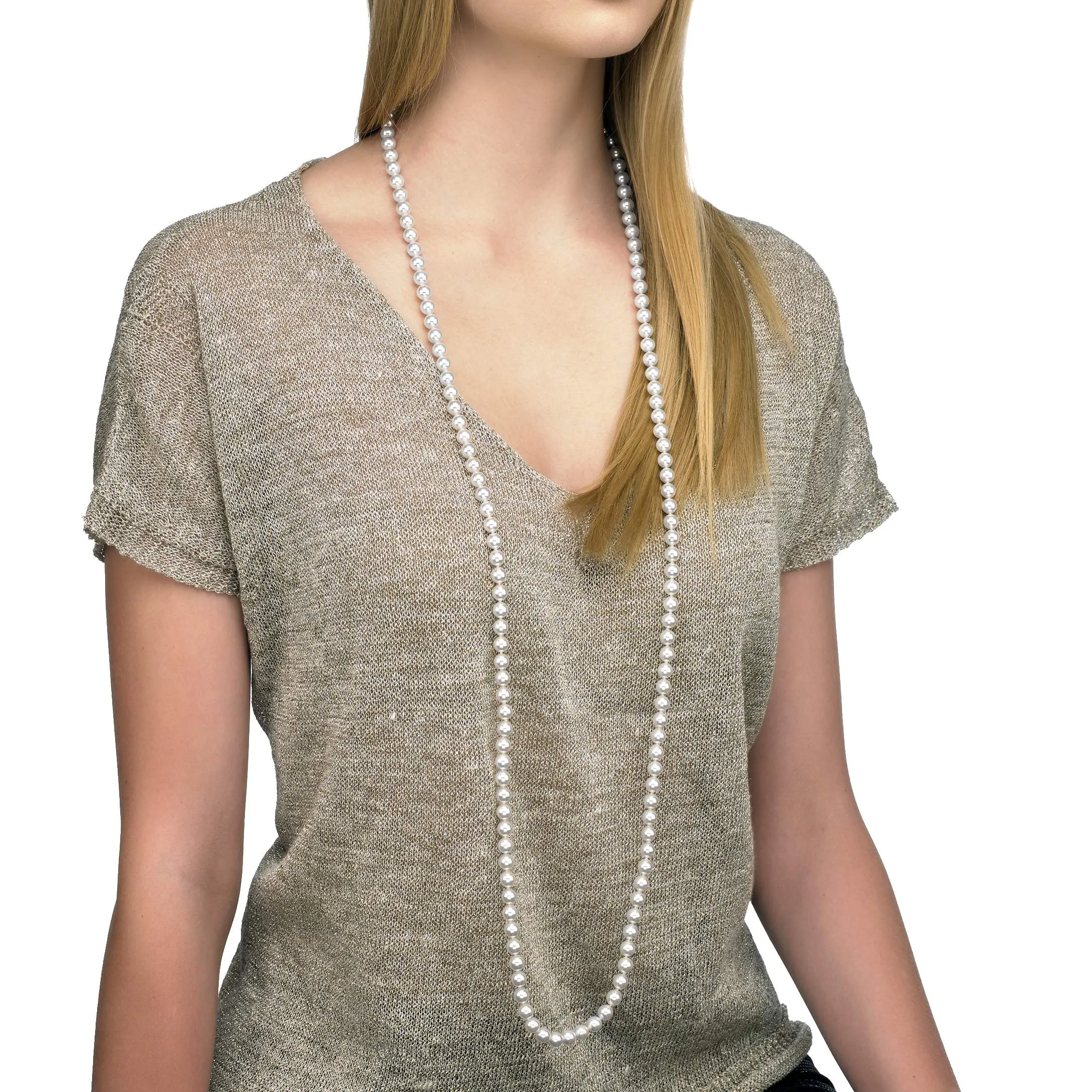 Sterling Silver Necklace for Women with Organic Pearl, 8mm Round White Pearl, 47.2" Length, Jour Collection