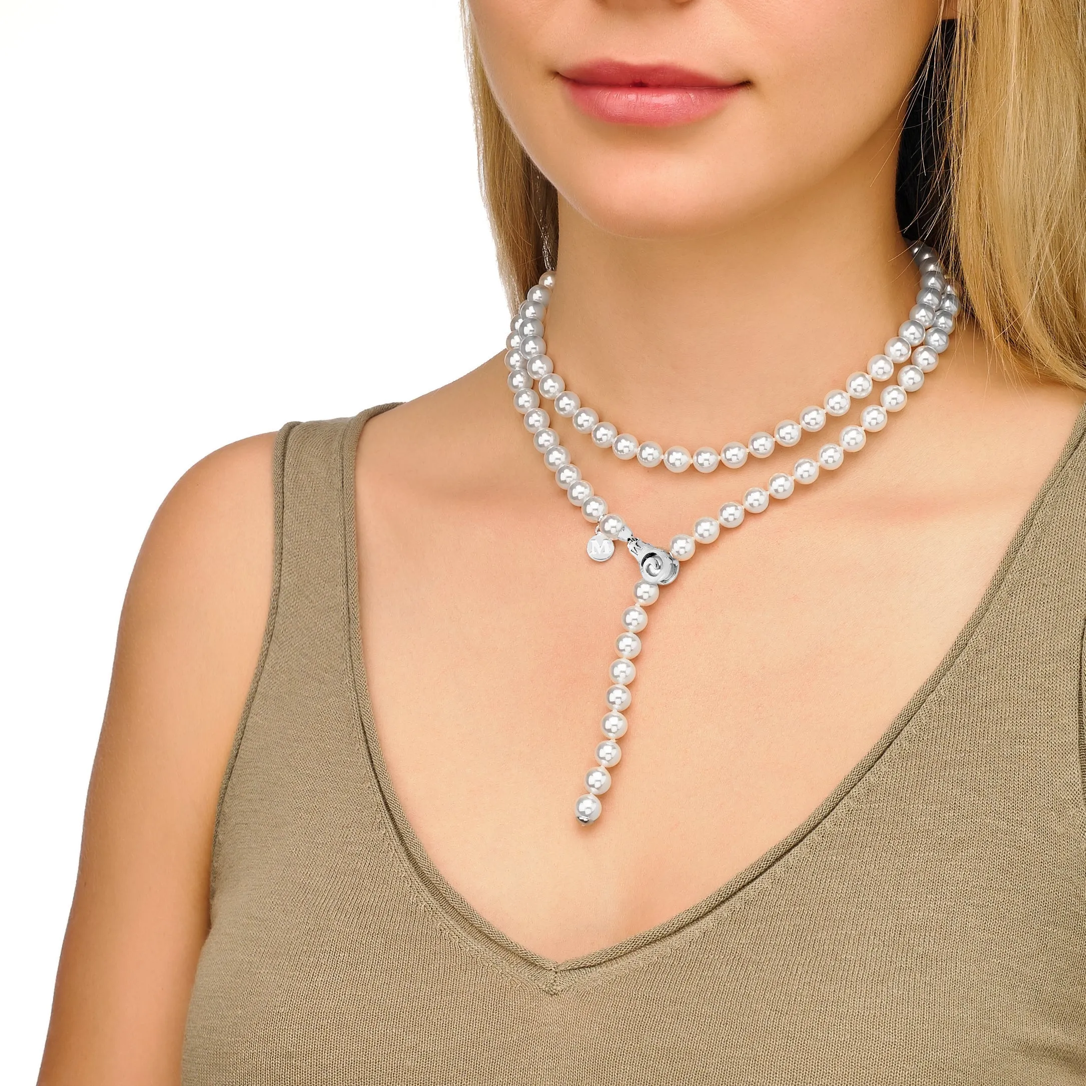 Sterling Silver Rhodium Plated Necklace with Adjustable Clasp for Women with Organic Pearl, 8mm Round White Pearl, 35.4" Length, Jour Collection