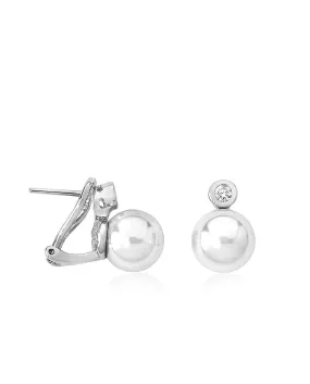 Sterling Silver Rhodium Plated Omega Earrings for Women with Organic Pearl, 10mm Round White Pearl and Cubic Zirconia, Selene Collection