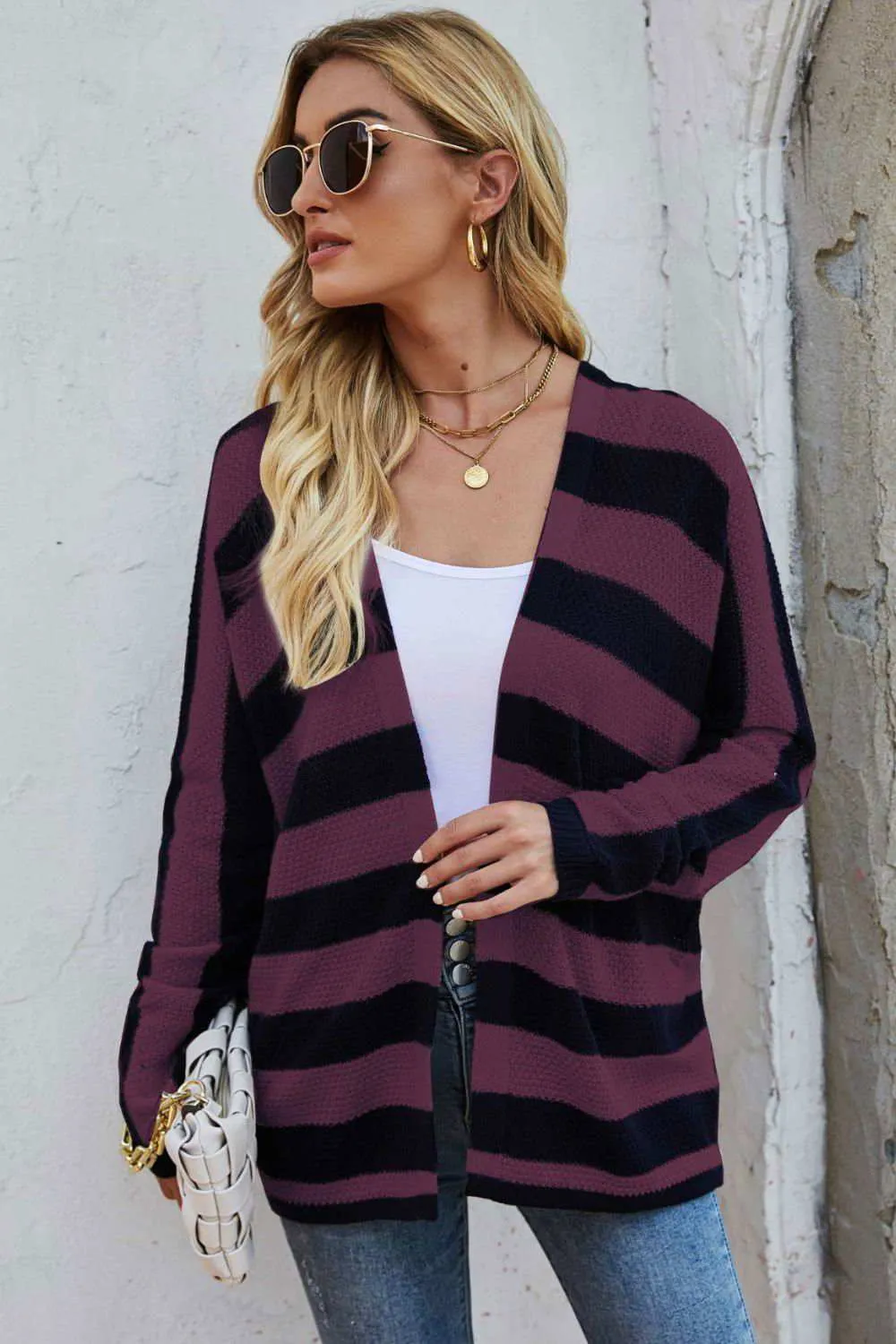 Striped Dolman Sleeve Open Front Cardigan