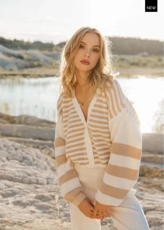 Striped V-Neck Button Front Cardigan Milk/Cream