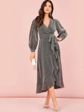 Surplice Wrap Belted Ruffle Hem Glitter Dress