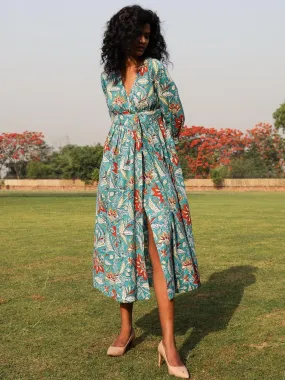 Teal Cotton Block Print Wrap Dress