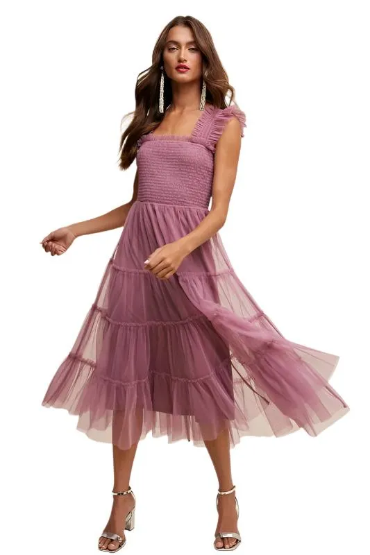 TEEK - Smocked Ruffle Tiered Mesh Bottom Dress