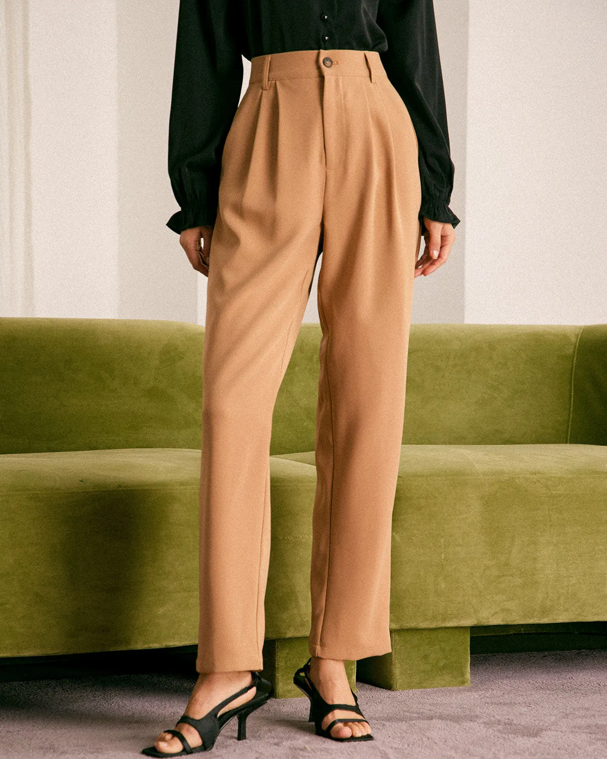 The Khaki High Waisted Pleated Tapered Pants