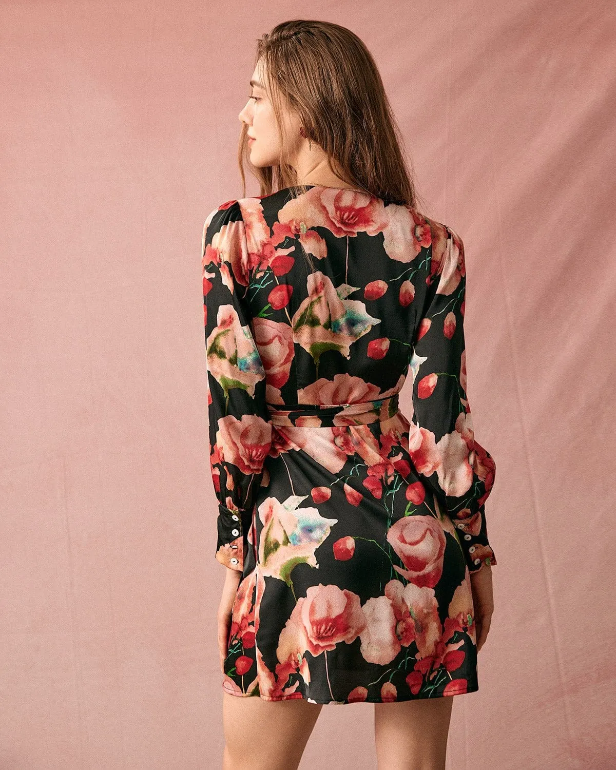 The V Neck Long Sleeve Floral Wrap Mini Dress