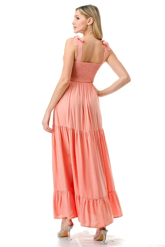 Tie Shoulder Smocked Tiered Maxi Dress