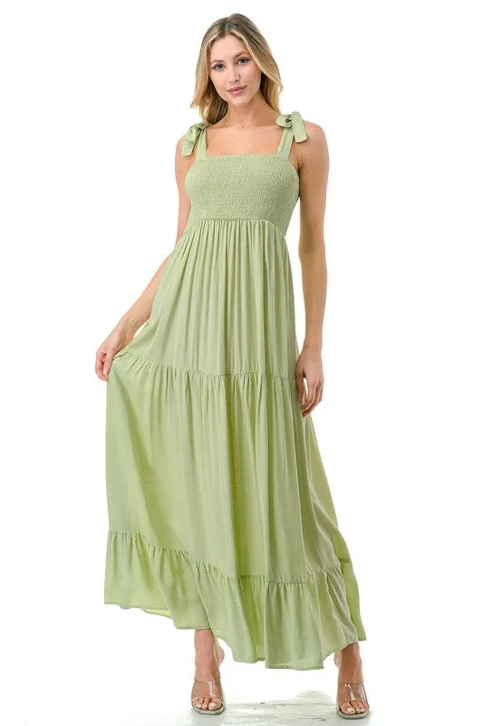 Tie Shoulder Smocked Tiered Maxi Dress